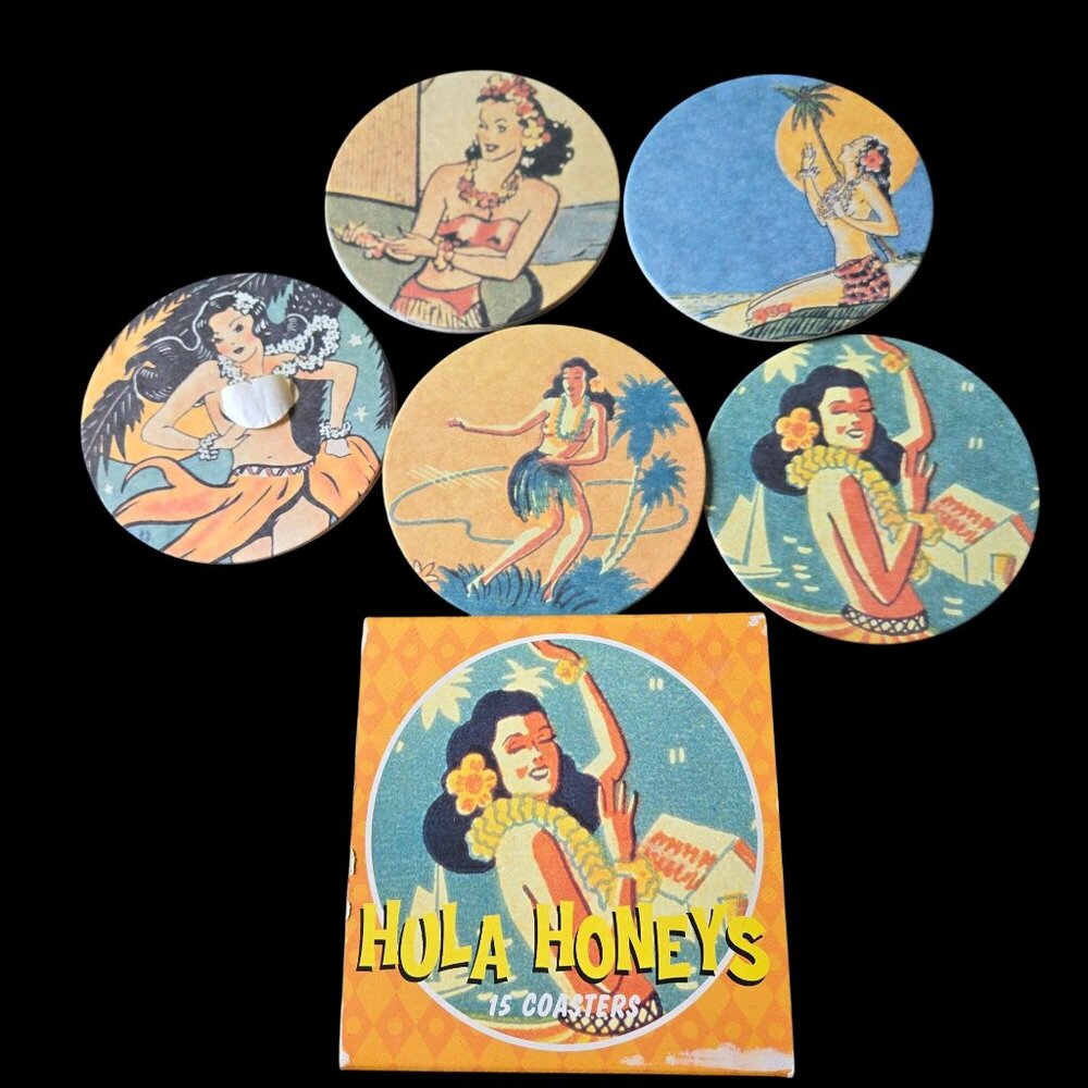 Vintage Hula Honeys Cardboard Coasters 2003 Set of 9 With Drink Recipes On Back